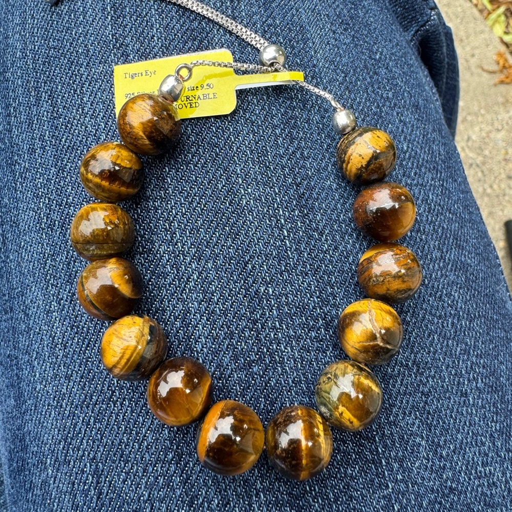 Adjustable Tiger Eye Bracelet with Sterling Silver Chain